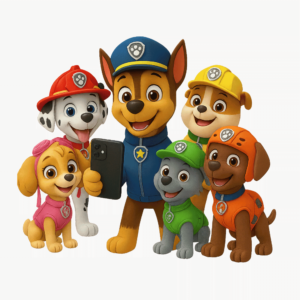 Paw Patrol full team selfie PNG transparent image featuring Chase, Marshall, Skye, Rubble, Zuma, and Rocky smiling together