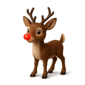 Transparent PNG of a 3D Rudolph the Red-Nosed Reindeer with a shiny red nose and festive holiday look.