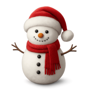 Transparent PNG of a 3D snowman with a carrot nose, scarf, hat, and cheerful festive expression.