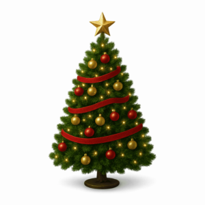 Transparent PNG of a 3D Christmas tree decorated with festive ornaments, lights, and a star topper.