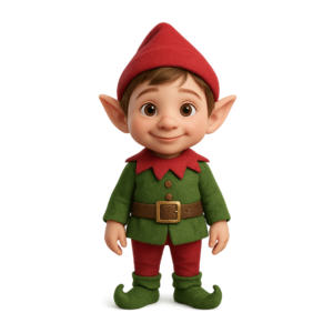 Transparent PNG of a cute 3D Christmas elf character with festive clothing and adorable features.