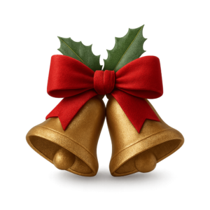 Transparent PNG of 3D Christmas bells with golden shine and festive decorations.