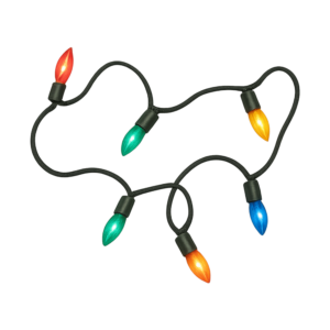 Transparent PNG of glowing Christmas string lights with warm festive illumination.