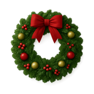 Transparent PNG of a realistic 3D Christmas wreath decorated with festive ornaments, pine branches, and holiday accents.