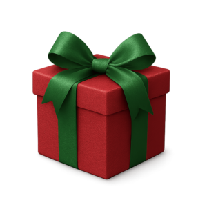 Transparent PNG of a 3D Christmas gift box wrapped with festive ribbon and decorative elements.