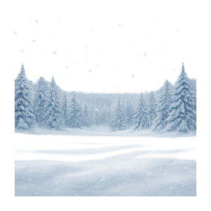 Transparent PNG of a snowy winter landscape with trees, hills, and a peaceful natural scene.
