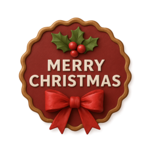 Transparent PNG of a 3D Christmas badge with festive decorations, ribbons, and holiday accents.