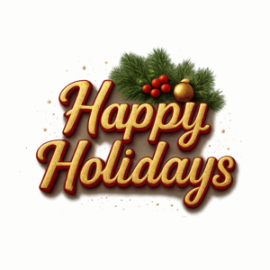 Transparent PNG of a festive “Happy Holidays” text design with decorative seasonal elements.