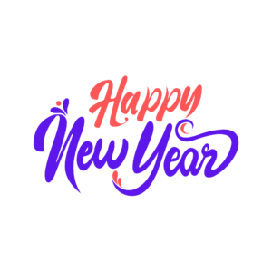 Transparent PNG of “Happy New Year” text designed with festive decorative elements and celebratory style.