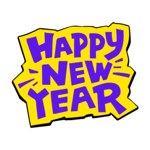 Transparent PNG of “Happy New Year” text designed with festive decorative elements and celebratory style.
