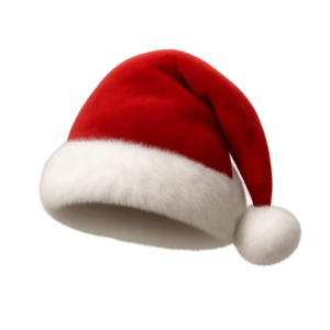 Transparent PNG of a 3D Santa hat with a fluffy white trim and pom-pom, designed in a festive style.