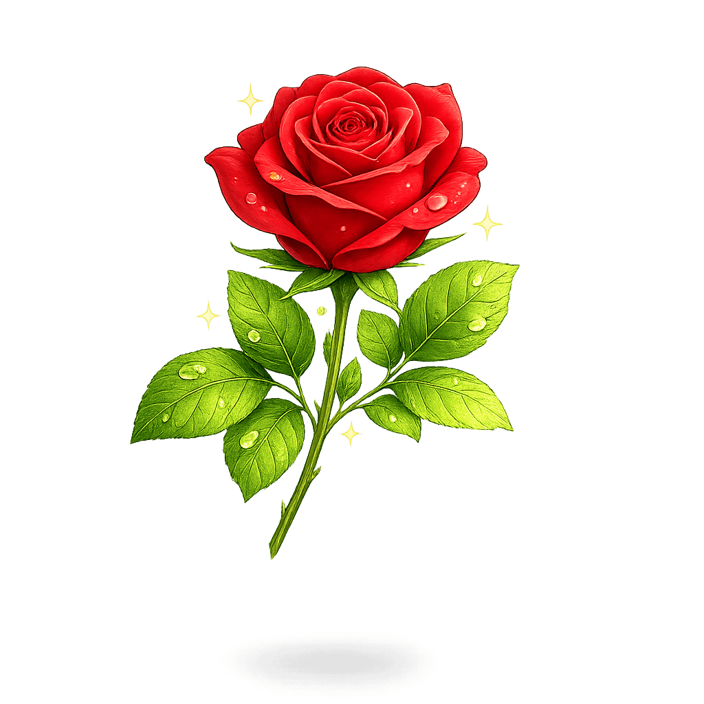 Red Rose with Dewy Leaves PNG