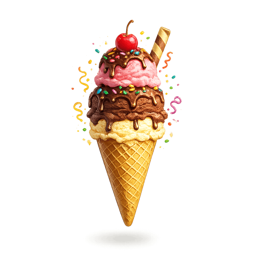 Triple-Scoop Chocolate Drizzle Cone PNG
