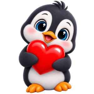 Adorable Penguin Hugging a Shiny Heart PNG