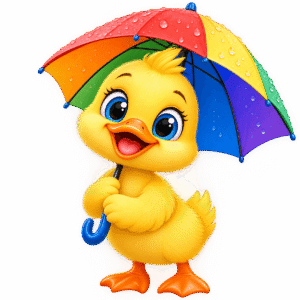 Cheerful Duckling with Rainbow Umbrella PNG