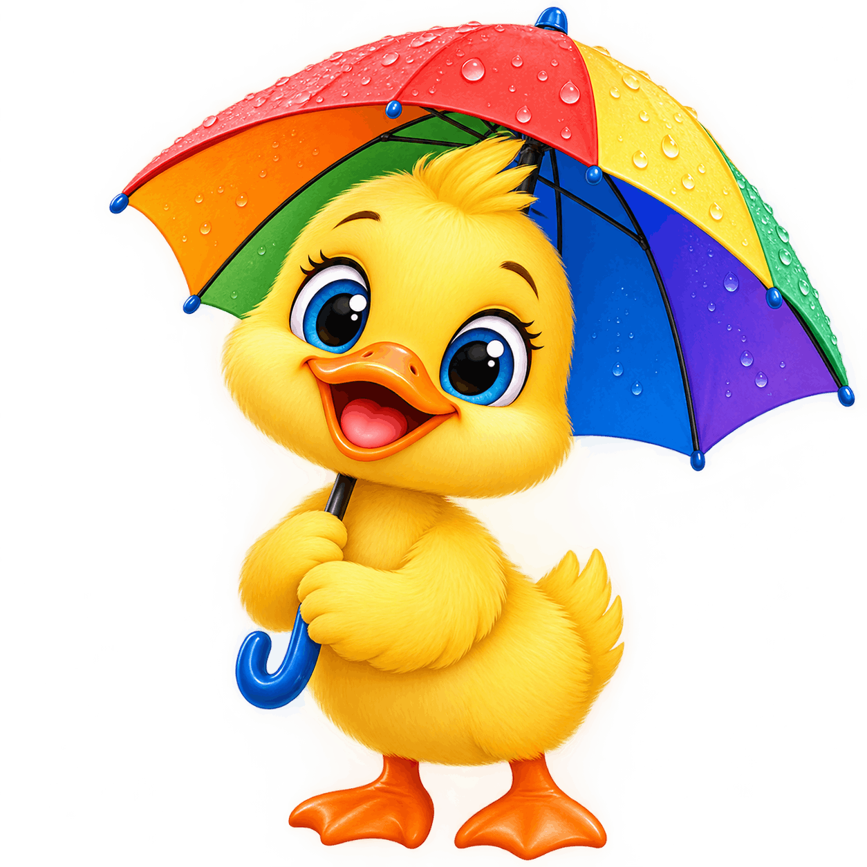 Cheerful Duckling with Rainbow Umbrella PNG
