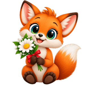 Cheerful Fox with Daisy Bouquet PNG