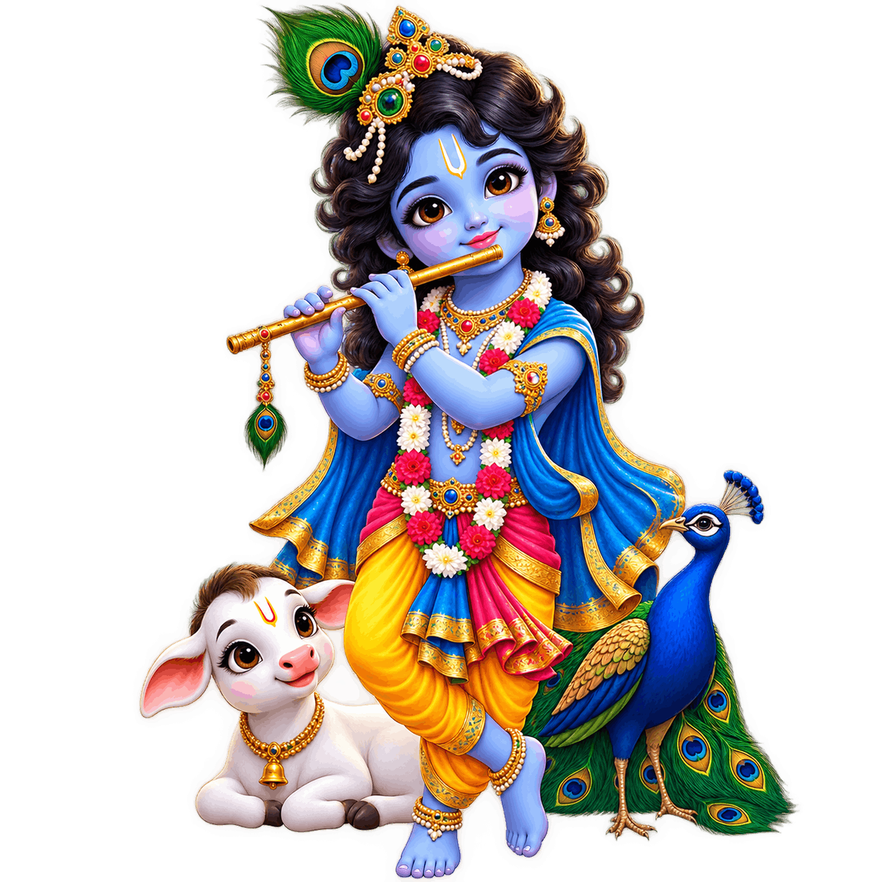 Chibi Krishna with Calf and Peacock PNG