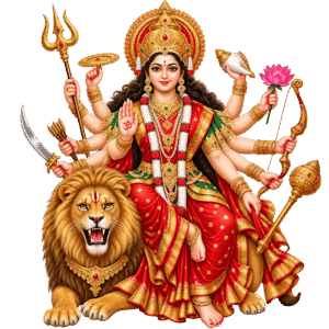 Durga with Lion and Divine Weapons PNG