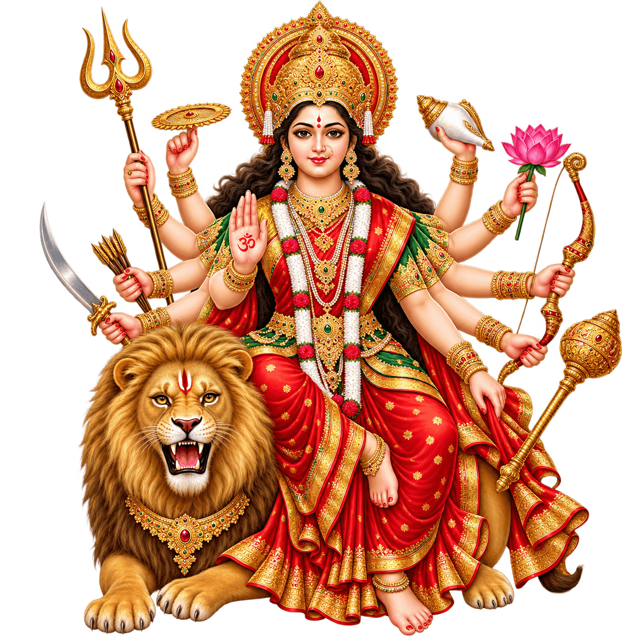 Durga with Lion and Divine Weapons PNG
