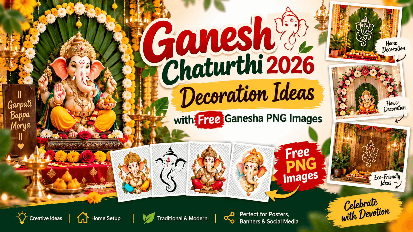Ganesh Chaturthi 2026 Decoration Ideas with Free Ganesha PNG Images