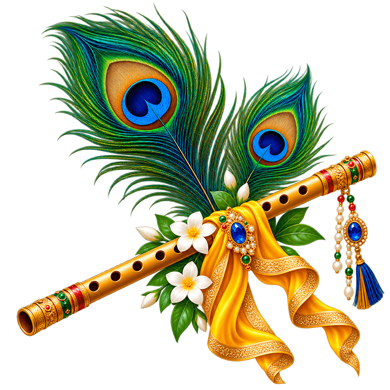 Krishna-Inspired Peacock Feather Flute Arrangement PNG