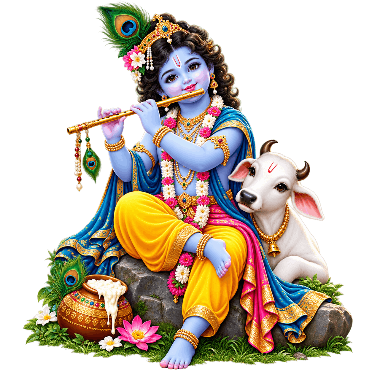 Krishna Playing Flute with Calf PNG