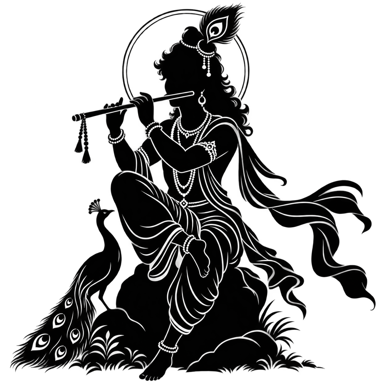 Krishna Silhouette with Peacock and Flute PNG