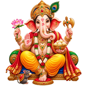 Ornate Ganesha Blessing with Modaks and Mouse PNG