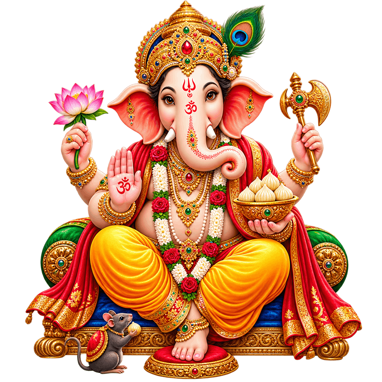 Ornate Ganesha Blessing with Modaks and Mouse PNG