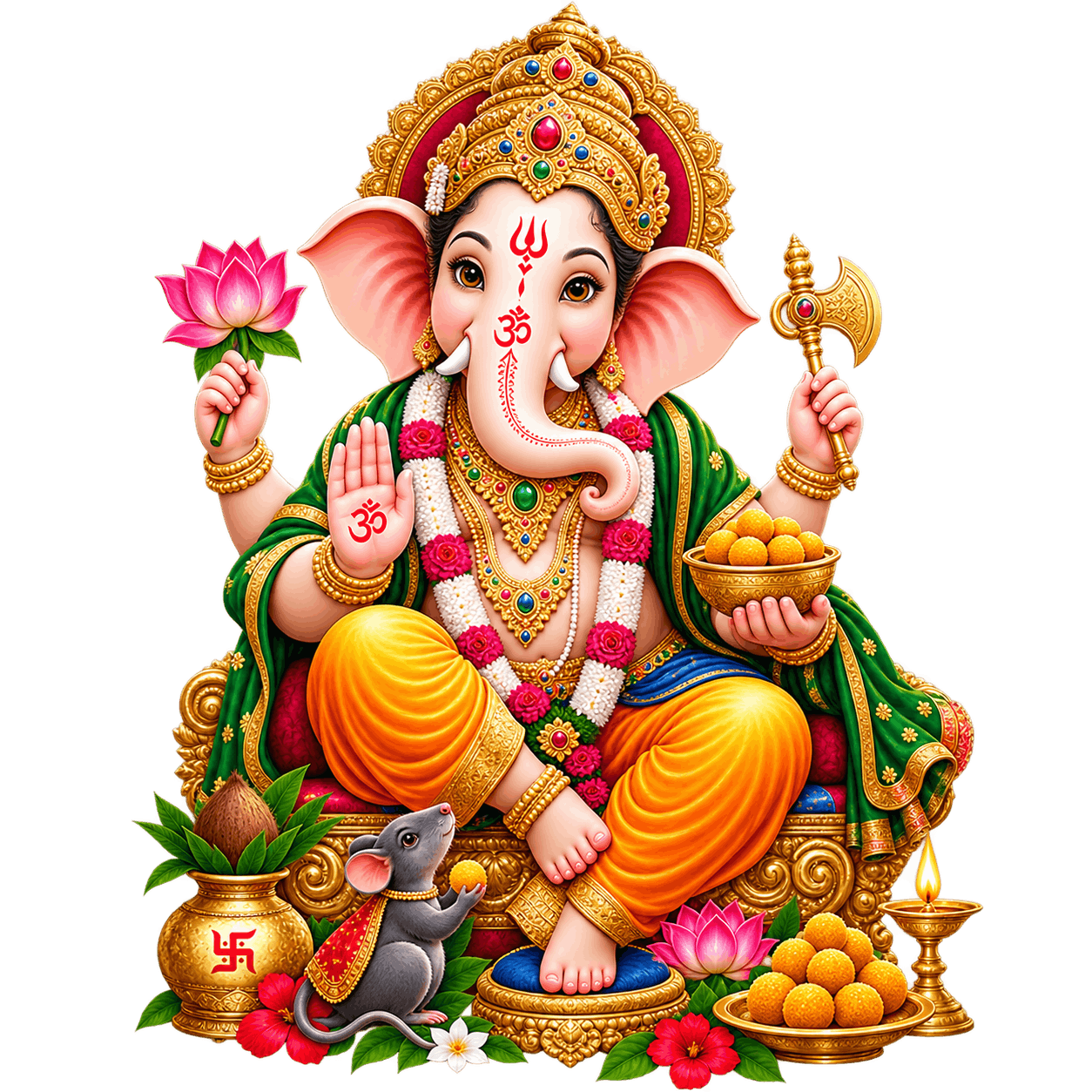 Ornate Ganesha Blessing with Offerings PNG