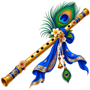 Ornate Golden Flute with Peacock Feather PNG