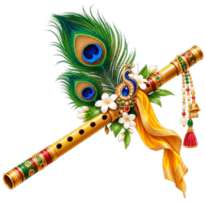 Ornate Golden Krishna Flute with Peacock Feathers PNG