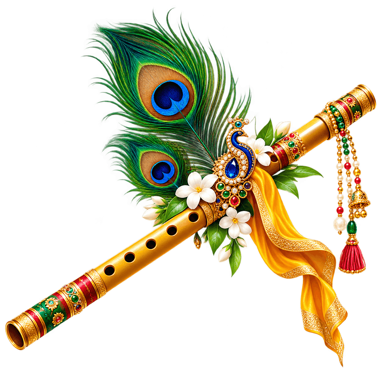 Ornate Golden Krishna Flute with Peacock Feathers PNG
