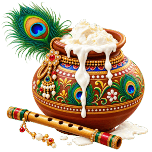 Ornate Krishna Butter Pot with Flute PNG