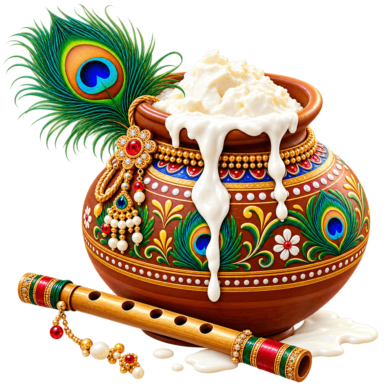Ornate Krishna Butter Pot with Flute PNG