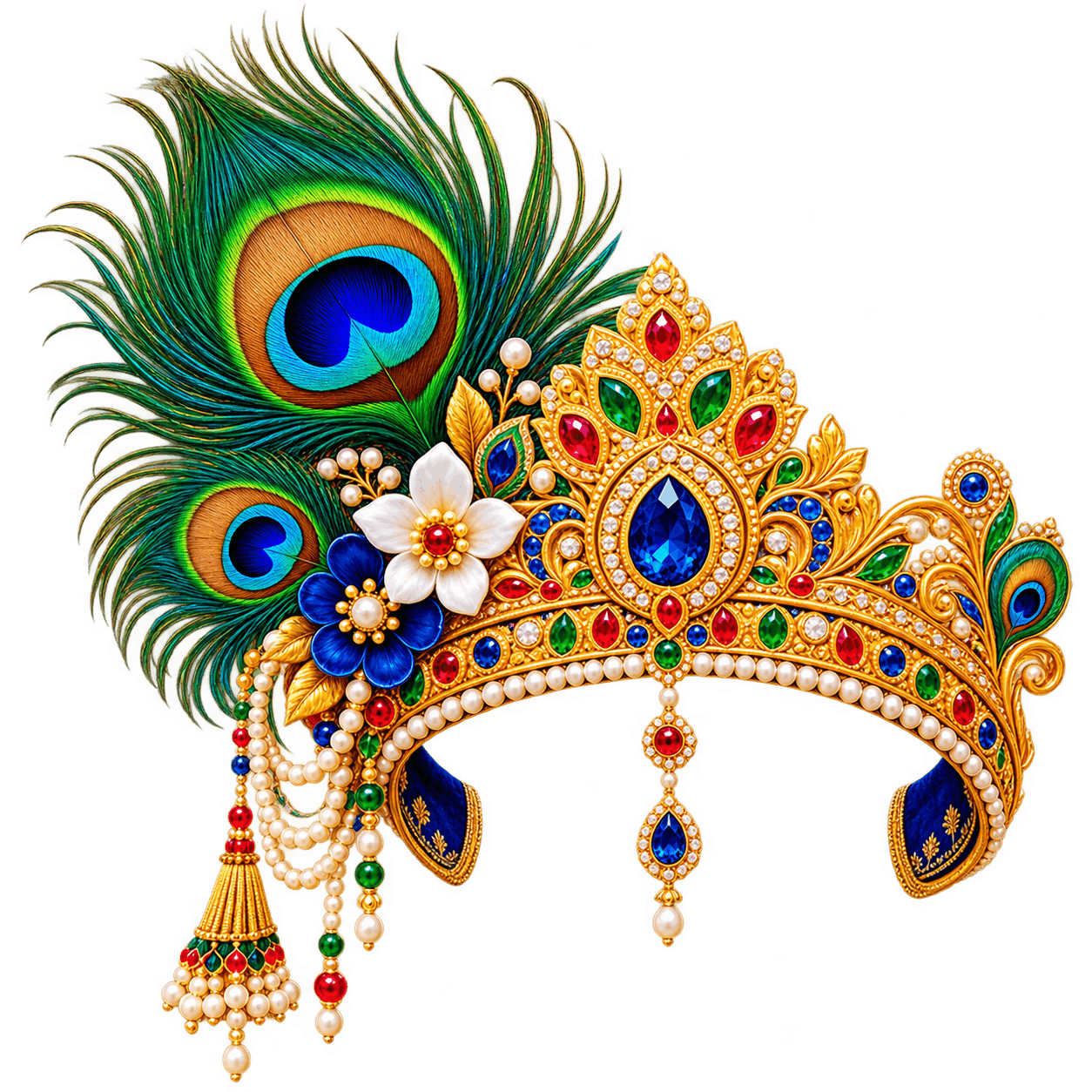 Ornate Krishna Crown with Peacock Feathers PNG