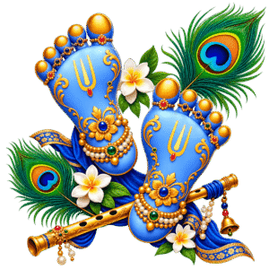 Ornate Krishna Footprints with Peacock Feathers PNG