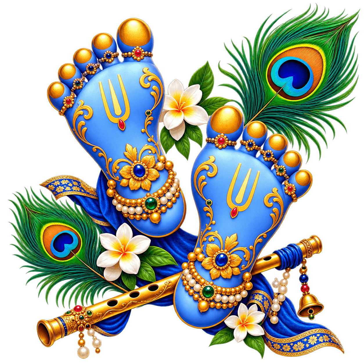 Ornate Krishna Footprints with Peacock Feathers PNG