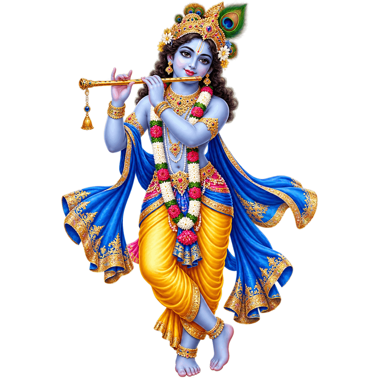 Ornate Krishna Playing Golden Flute PNG