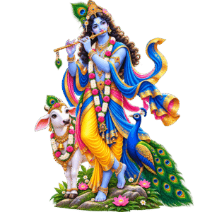 Ornate Krishna with Cow and Peacock PNG