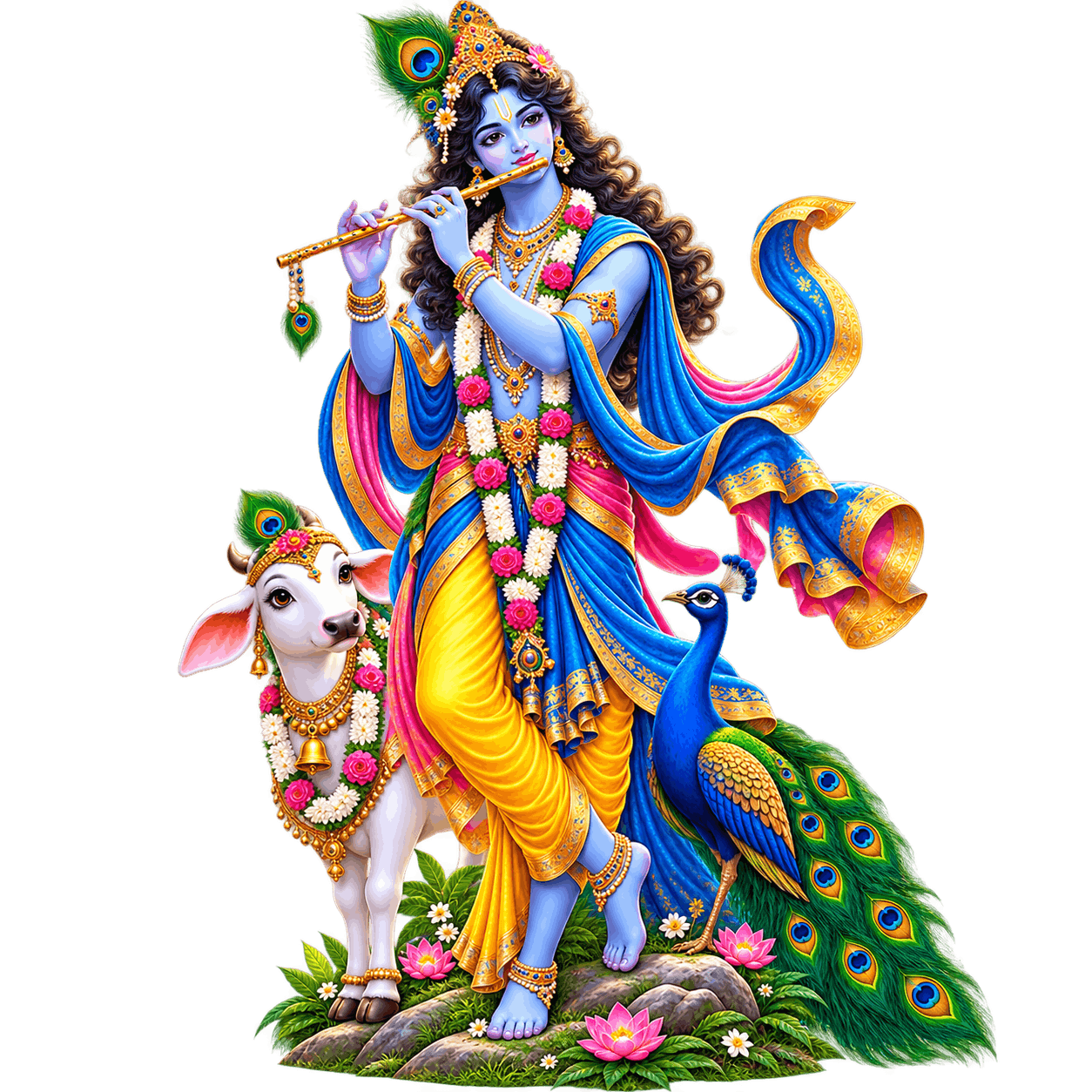 Ornate Krishna with Cow and Peacock PNG