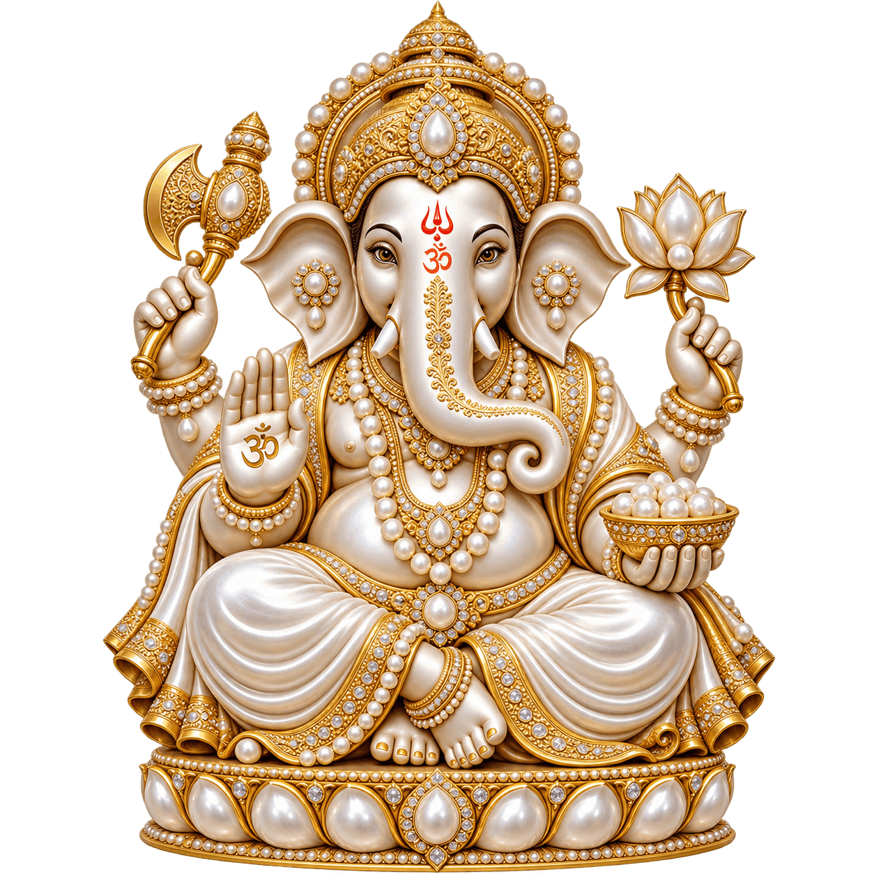 Ornate Pearl-and-Gold Ganesha Idol PNG