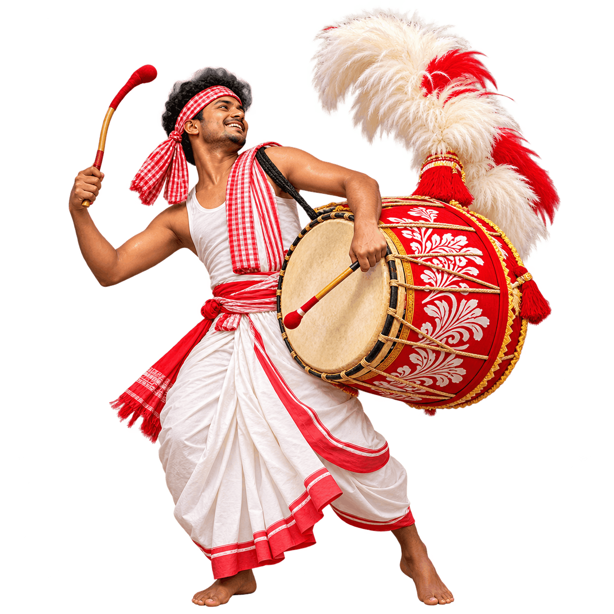 Festive Bengali Dhak Drummer in Motion PNG