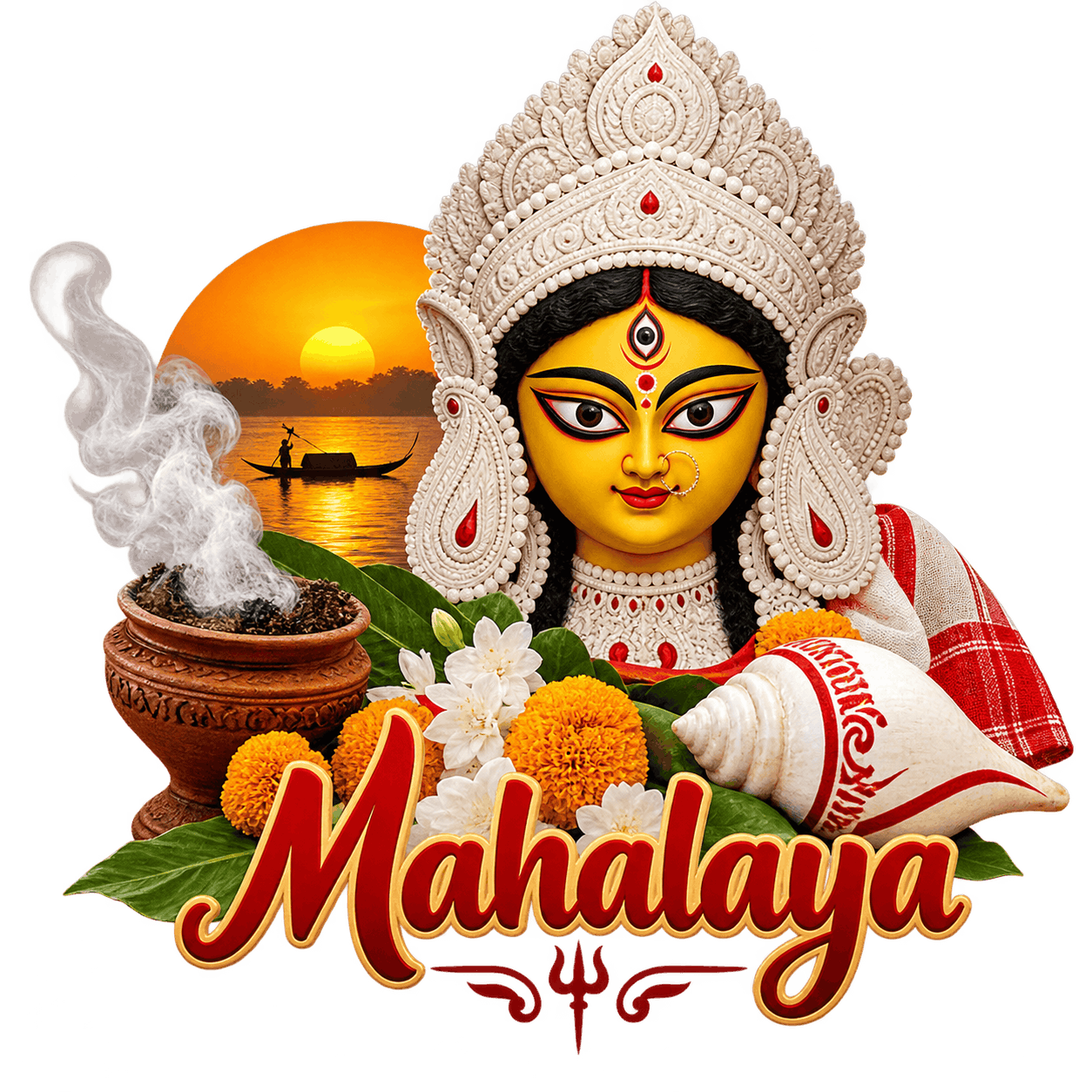 Mahalaya Durga, Flowers and Conch PNG