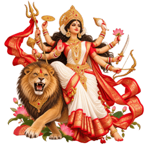 Majestic Durga with Lion and Lotuses PNG