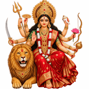 Ornate Goddess Durga with Lion and Weapons PNG