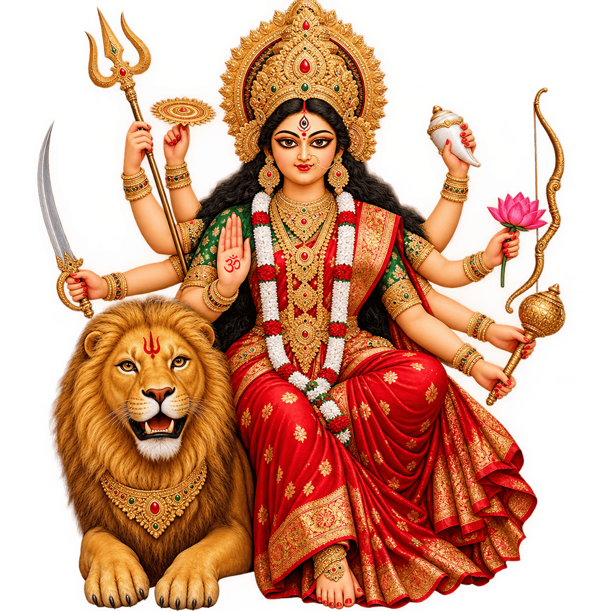Ornate Goddess Durga with Lion and Weapons PNG